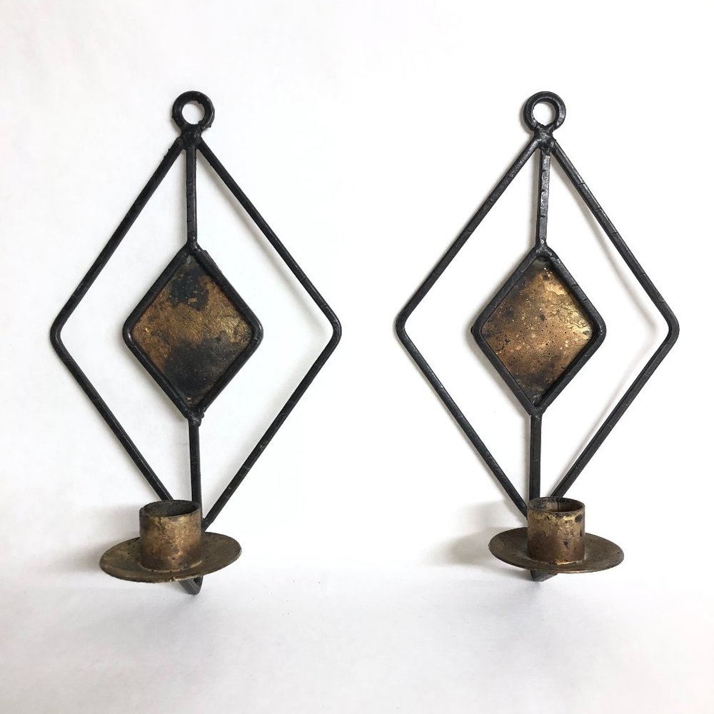 Vintage Diamond Design Iron and Brass Wall Sconce Pair, Circa 1970s